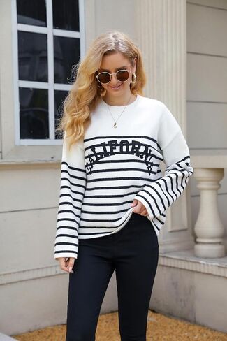 Women's Fall Winter Pullover Long Sleeve Crew Neck Sweaters Stripe Knitted Oversized Tops in Kuwait