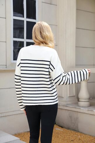 Women's Fall Winter Pullover Long Sleeve Crew Neck Sweaters Stripe Knitted Oversized Tops in Kuwait
