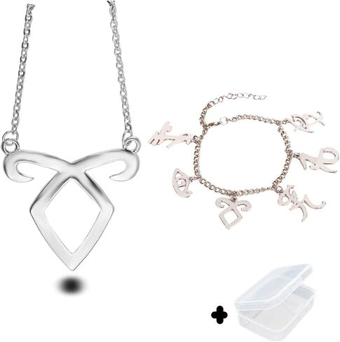 YouU The Mortal Instruments City of Bones Inspired Angelic Power Rune Symbols Bracelet and Necklace Set with Jewelry Box-Silver in Saudi Arabia