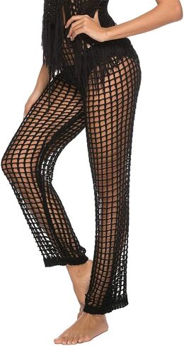 Womens Sexy Hollow Out Crochet High Waist Mesh Beach Bikini Swimsuits Cover Up Pants in Kuwait