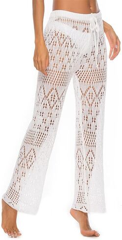 Womens Sexy Hollow Out Crochet High Waist Mesh Beach Bikini Swimsuits Cover Up Pants in Kuwait