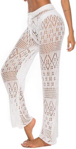 Womens Sexy Hollow Out Crochet High Waist Mesh Beach Bikini Swimsuits Cover Up Pants in Kuwait