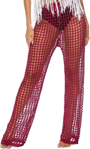 Womens Sexy Hollow Out Crochet High Waist Mesh Beach Bikini Swimsuits Cover Up Pants in Kuwait