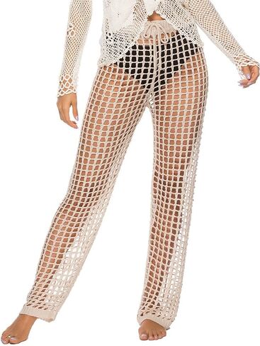 Womens Sexy Hollow Out Crochet High Waist Mesh Beach Bikini Swimsuits Cover Up Pants in Kuwait