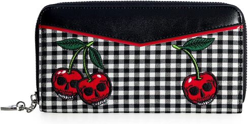 Lost Queen Women's Rockabilly Cherry Skulls Wallet Zip Around Clutch in Kuwait