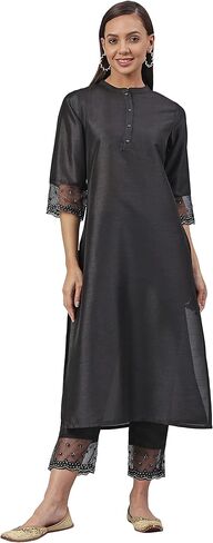 Janasya Indian Women's Black Poly Silk Straight Kurta with Pant in Saudi Arabia