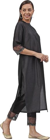 Janasya Indian Women's Black Poly Silk Straight Kurta with Pant in Saudi Arabia