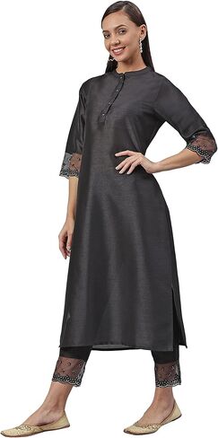 Janasya Indian Women's Black Poly Silk Straight Kurta with Pant in Saudi Arabia