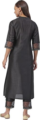 Janasya Indian Women's Black Poly Silk Straight Kurta with Pant in Saudi Arabia