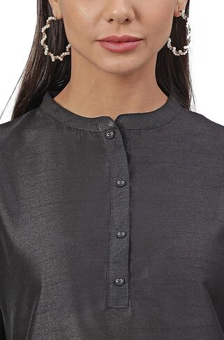 Janasya Indian Women's Black Poly Silk Straight Kurta with Pant in Saudi Arabia