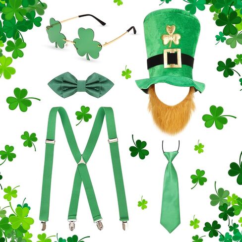 JieyueJewelry 5 Pcs St. Patrick's Day Party Costume Accessories Green Leprechaun Top Hat Shamrock Suspenders Glasses Bow and Bow Tie for Fancy Dress Irish Party Decor in Kuwait