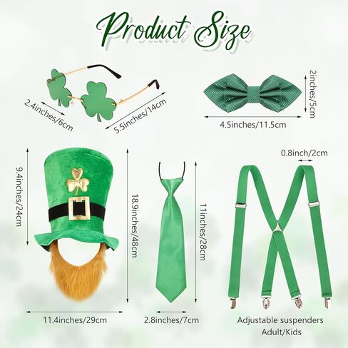 JieyueJewelry 5 Pcs St. Patrick's Day Party Costume Accessories Green Leprechaun Top Hat Shamrock Suspenders Glasses Bow and Bow Tie for Fancy Dress Irish Party Decor in Kuwait