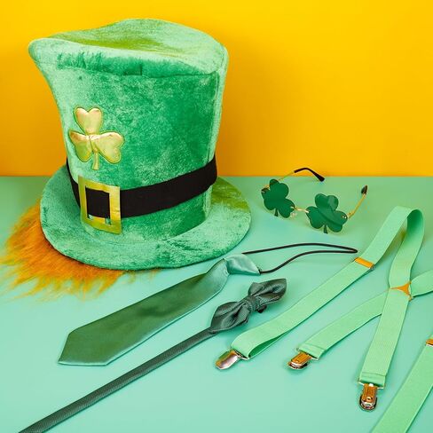 JieyueJewelry 5 Pcs St. Patrick's Day Party Costume Accessories Green Leprechaun Top Hat Shamrock Suspenders Glasses Bow and Bow Tie for Fancy Dress Irish Party Decor in Kuwait