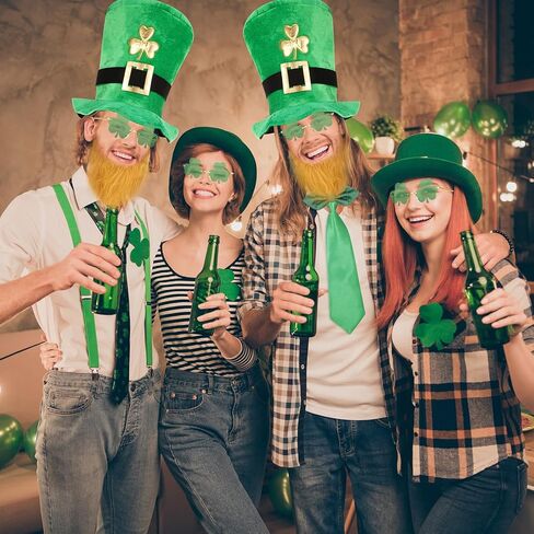 JieyueJewelry 5 Pcs St. Patrick's Day Party Costume Accessories Green Leprechaun Top Hat Shamrock Suspenders Glasses Bow and Bow Tie for Fancy Dress Irish Party Decor in Kuwait
