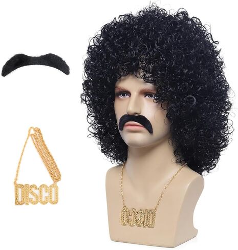 Roleplar Black Afro Jerry Curl Wig, 80s Rock Wig with Mustache and Necklace for Men or Women 70s Disco Rock Costume Party Wigs Cosplay Wig Anime in Kuwait