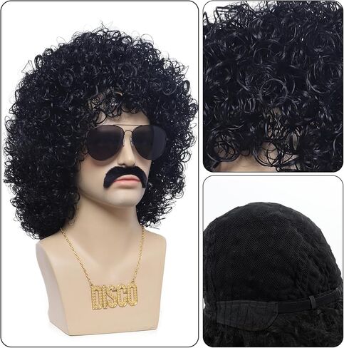 Roleplar Black Afro Jerry Curl Wig, 80s Rock Wig with Mustache and Necklace for Men or Women 70s Disco Rock Costume Party Wigs Cosplay Wig Anime in Kuwait