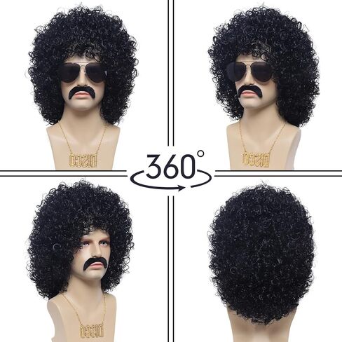 Roleplar Black Afro Jerry Curl Wig, 80s Rock Wig with Mustache and Necklace for Men or Women 70s Disco Rock Costume Party Wigs Cosplay Wig Anime in Kuwait