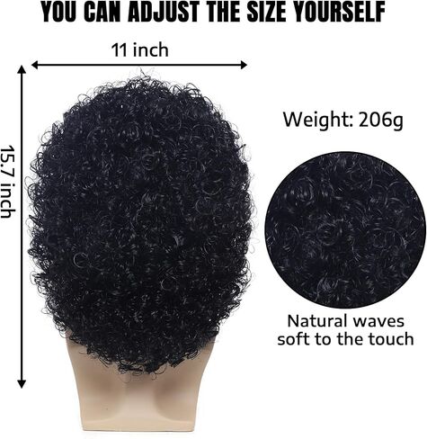 Roleplar Black Afro Jerry Curl Wig, 80s Rock Wig with Mustache and Necklace for Men or Women 70s Disco Rock Costume Party Wigs Cosplay Wig Anime in Kuwait