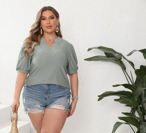 Womens Plus Size T-Shirts V Neck Puff Short Sleeve Tops Casual Summer Tunic Top Cute Eyelet Hollow Blouses 1X-5X in Saudi Arabia