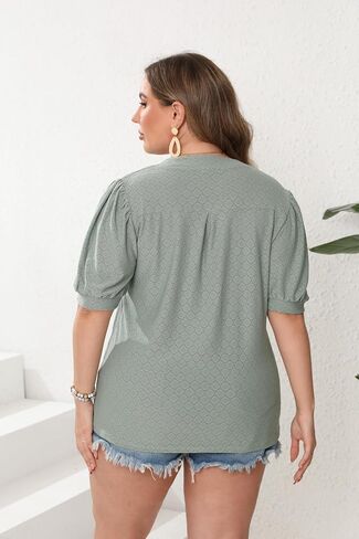 Womens Plus Size T-Shirts V Neck Puff Short Sleeve Tops Casual Summer Tunic Top Cute Eyelet Hollow Blouses 1X-5X in Saudi Arabia