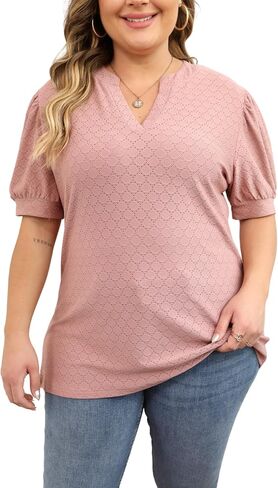 Womens Plus Size T-Shirts V Neck Puff Short Sleeve Tops Casual Summer Tunic Top Cute Eyelet Hollow Blouses 1X-5X in Saudi Arabia