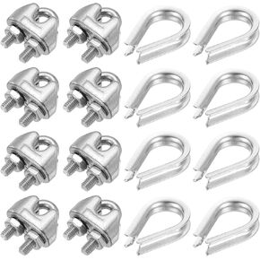 PATIKIL Wire Rope Accessory Set, 304 Stainless Steel 12 Pcs Cable Clip Clamp 10 Pcs Thimble for 2mm/1/8" Cable Rope