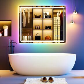 Lvifur 40"X32" LED Bathroom Mirror with Lights, Anti-Fog Bathroom Mirror with RGB 14 Color Dimmable, Lighted Bathroom Wall Mirror Restroom Mirror, Horizontal/Vertical