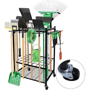 Garden Tool Organizer, Yard Tool Organizer for Garage,Garden Tool Organizer with Wheels, Up to 35 Long-Handled Tools/Rakes/Brooms, Heavy Duty Steel Garden Tool Stand for Shed, Outdoor, Black