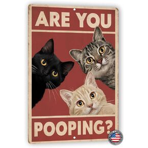 Funny Cat Sign - 8x12 Inch 'Are You Pooping?' Wall Art with Cats Staring - Perfect for Bathroom Decor, Humorous Gift