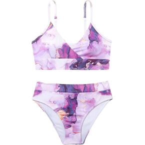 WDIRARA Girl's 2 Piece Swimsuits Marble Print Wrap V Neck Bikini Boho Swimwear Beach Sport Bathing Suit