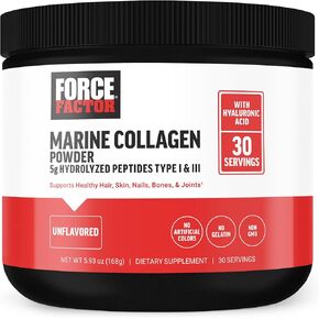FORCE FACTOR Marine Collagen Powder for Women and Men, Marine Collagen Peptides Type I & III with Hyaluronic Acid to Support Healthy Hair, Skin, Nails, Bones, and Joints, Unflavored, 30 Servings