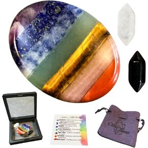 Anxiety & Stress Relief Worry Stone Set with Amplifying & Grounding Double Points, 7 Chakra Healing Crystal, Chakra Balancing and Meditation Stone with Premium Storage Bag, Reiki Enhanced