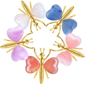 12PCS Natural Heart Shaped Healing Crystals Stones Butterfly Decor, Home Desk Fairy Garden Decorations Reiki Energy Balancing Meditation Gift for Women (12PCS, Gold)