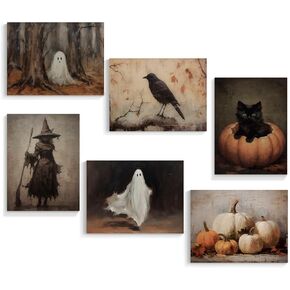Xianyojafa Vintage Halloween Canvas Wall Art, Retro Black Cat Pumpkin Poster 6 Piece 8x10in, Victorian Raven Ashland Witch Picture Print, Creepy Spooky Ghost Dark Academia Wall Decor Unframed