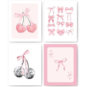 okaxscm Pink Coquette Bow Trendy Preppy Wall Art Prints Set of 4, Coquette Room Decor, Preppy Room Decor Aesthetic, Pink Bow Cherry Disco Ball Wall Decor Posters for Girls Bedroom Dorm, 8x10 Unframed