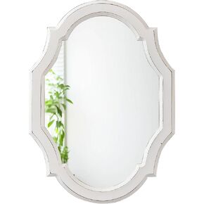 Hanging Vintage Oval Mirrors for Wall Decor 24 X 18 Inch, Decorative Scalloped White Mirrors, Distressed Wood Frame Mirror for Entryway, Unique Mirrors for Living Room Bathroom