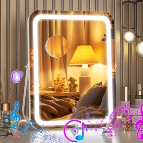 Hasipu LED Makeup Mirror with Bluetooth Speaker, 12" x 14" Vanity Mirror with Lights, Rounded Rectangle White Frame, 3 Modes Light, Smart Touch Control Dimmable, with 5X Magnifying Glass