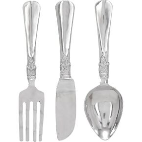 Deco 79 Aluminum Metal Utensils Home Decor, Set of 3 Wall Art 4"W, 23"H, Silver, 3 Count