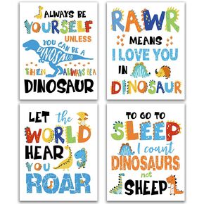 IIILUYOT Dinosaur Decor Gift, Inspirational Lettering Quote Wall Art Print Set of 4 (8"X10") Wildlife Animal Dinosaur Poster for Boys Tween Girls Room Bedroom Nursery Classroom Room Decor, Unframed