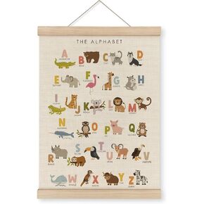 MAQIKA ABC Alphabet Nursery Poster Framed with Wood Hanger,Alphabet Banner, Alphabet Poster for Toddlers, Kids Abc Animal Hanging Wall Decor,Nursery Canvas Wall Art Paints for Nursery Kids 12x16 Inch