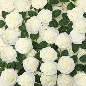 200 Pcs Artificial Rose Flowers Foam Fake Rose Bulk Faux Flower with 100 pcs Stem for DIY Wedding Bouquet Centerpieces Floral Arrangement Bridal Shower Party(White)