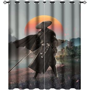 Retro Japanese Blackout Curtains for Bedroom,Watercolor Ink Samurai Red Sun Mountain Cherry Blossoms Grommet Thermal Insulated Room Darkening Curtains Window Curtains 2 Panels 45L x 21W
