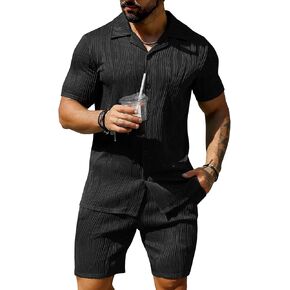 URRU Men's 2 Piece Outfits Short Sleeve Casual Button Down Shirt and Shorts Set