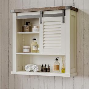 ChooChoo Farmhouse Wall Cabinet, Medicine Cabinets for Bathroom with Sliding Barn Door, Decorative Bathroom Wall Cabinet with Adjustable Shelves Space Saver, Farmhouse White