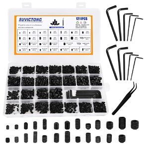 1211Pcs Metric + SAE Set Screw Assortment Kit(M3 to M8, 1/8"-40 to 5/16"-18), Class 12.9 Carbon Steel Allen Head Internal Hex Drive, Socket Cup-Point Grub Screws with Tweezers and Wrenches for Handle