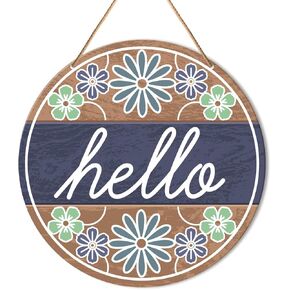 Floral Welcome Sign Front Door Decor, Spring Summer Hello Door Decorations Hanging Farmhouse Wall Sign Decor for Porch, Home, Housewarming Gift for New House Home Apartment, Round Hello Door Sign