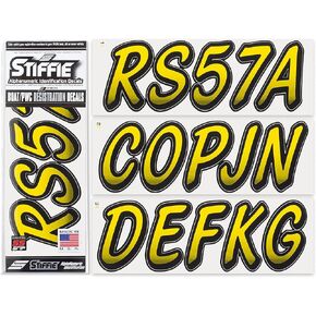 STIFFIE Whipline Yellow Crush/Black SUPER STICKY 3" Alpha Numeric Registration Identification Numbers Stickers Decals for Sea-Doo SPARK, Inflatable Boats, RIBs, Hypalon/PVC, PWC and Boats.