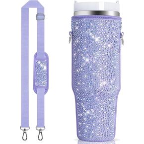 Bling Water Cup Sleeve Carrier Bag for Stanley Quencher H2.0 & Adventure 40 oz Tumbler with Handle, Neoprene Water Bottle Holder with Adjustable Strap for Stanley Cup Accessories (Purple)