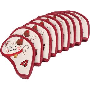 9pcs Golf Iron Head Covers Set,Lucky Cat Golf Iron Cover,Lovely Red Durable PU Golf Iron Head Covers Headcover Fortune Cat Embroidered Fit All Brands