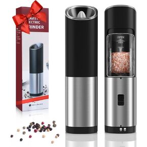 Battery Salt and Pepper Grinder, Gravity Electric Salt and Pepper Grinder, Automatic Salt Grinder with Led Light, One Hand Operation & Adjustable Coarseness, Stainless Steel